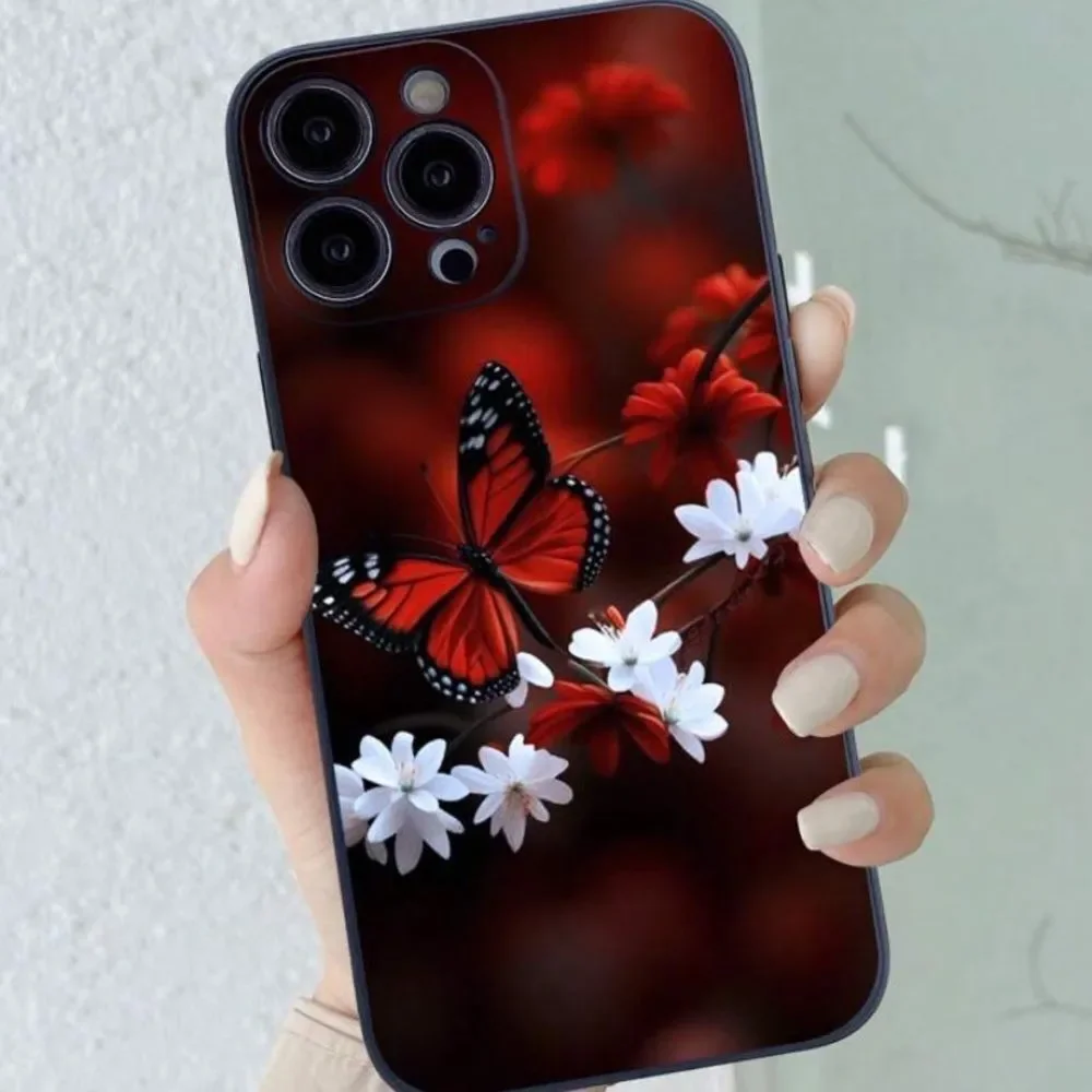 3for$20 1pc Black Anti-Drop Edged Butterfly & Flower Painted Phone 15 pro max